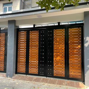 cổng gỗ tự nhiên khung thép